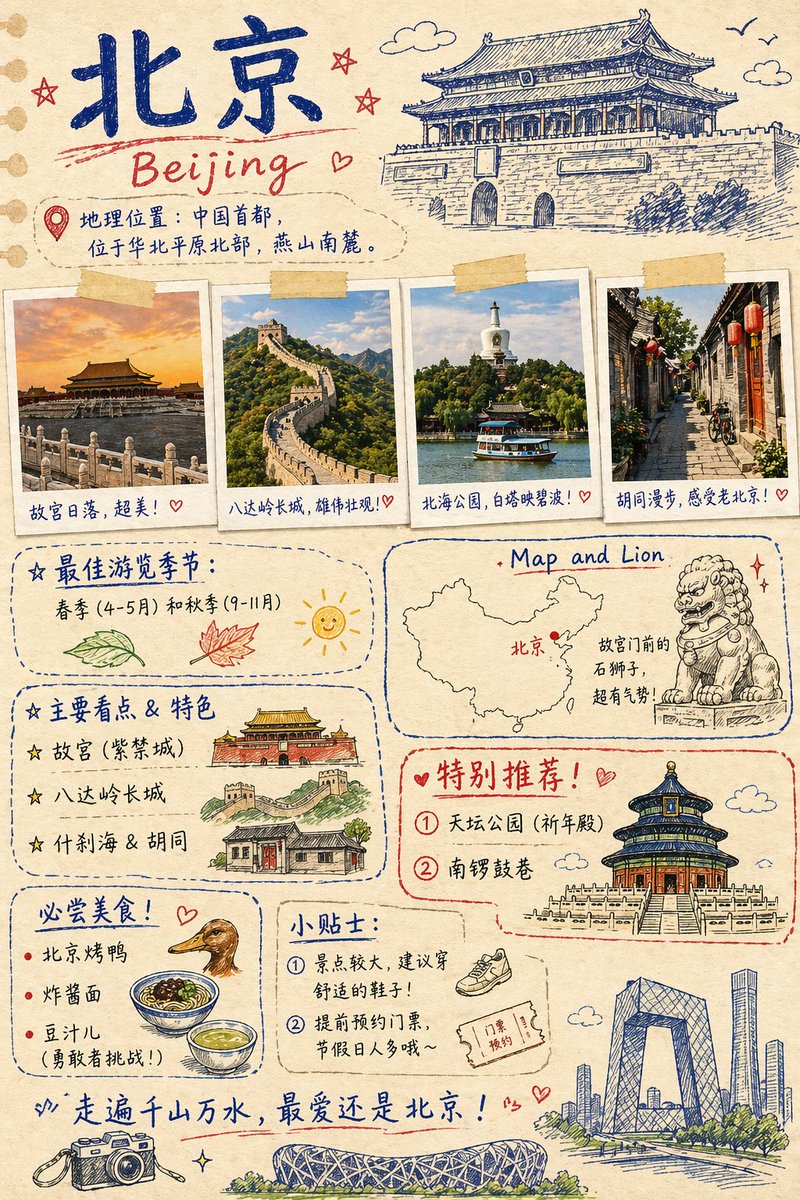 复古北京旅行剪贴簿海报 - 2