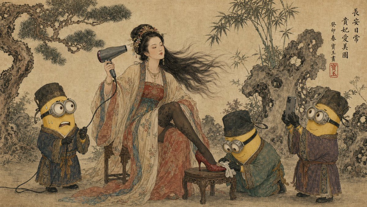 唐朝贵妃与小黄人工笔画 - 1