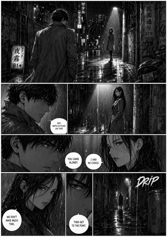 雨夜黑色电影风格漫画页面 - 1