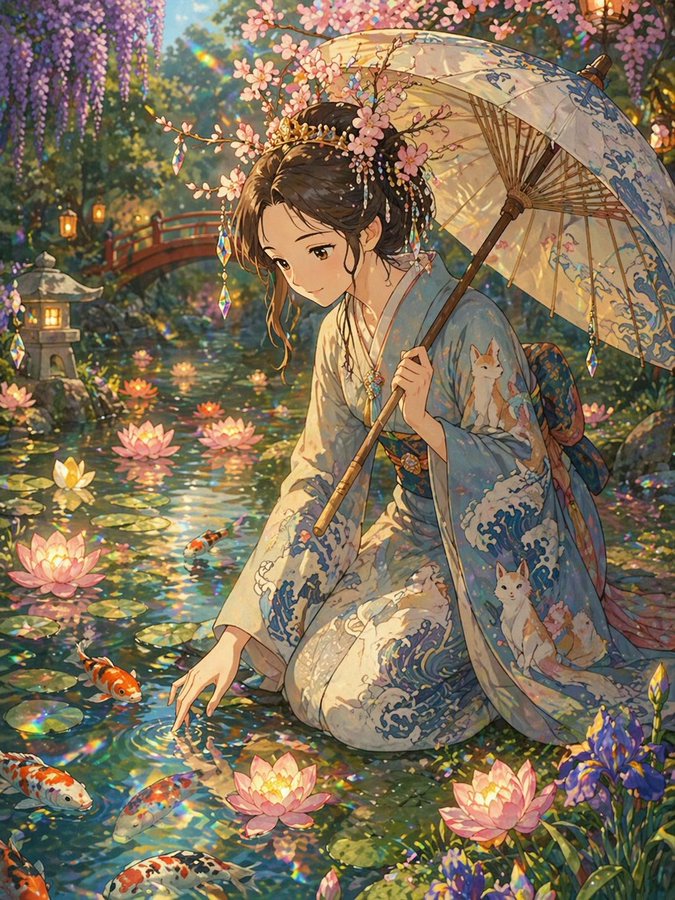 锦鲤池畔的梦幻和服女子 - 2