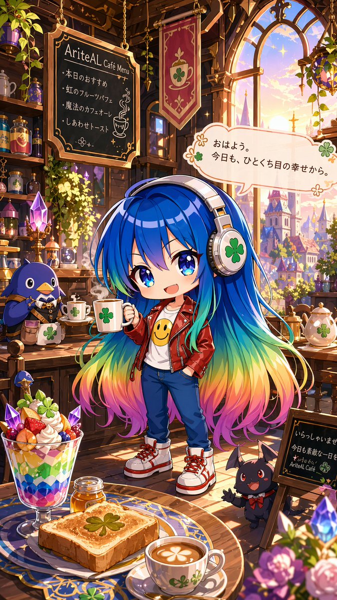 奇幻咖啡馆中的彩虹发色 Q 版少女 - 1
