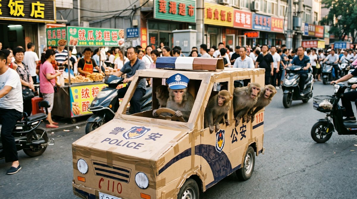 猴子巡逻队驾驶纸板警车 - 2