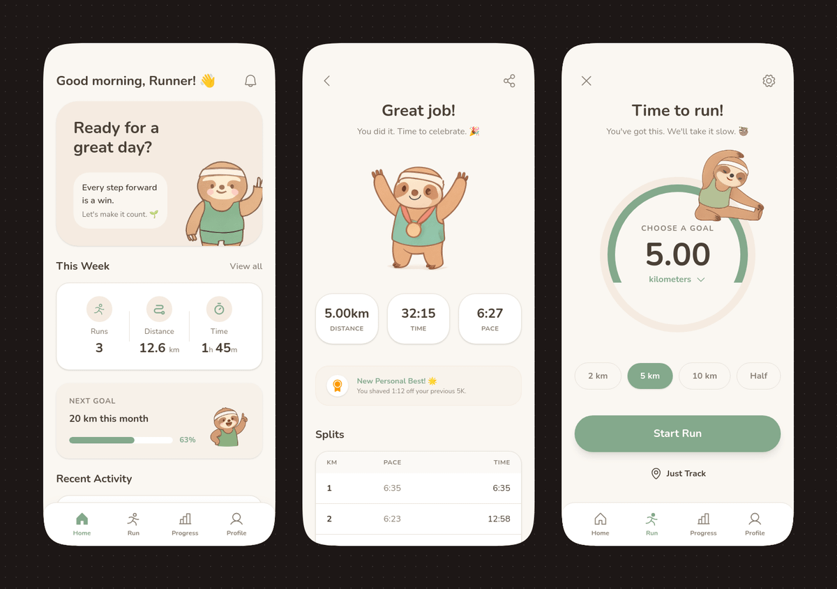 带有树懒吉祥物的柔和色调跑步 App UI - 1