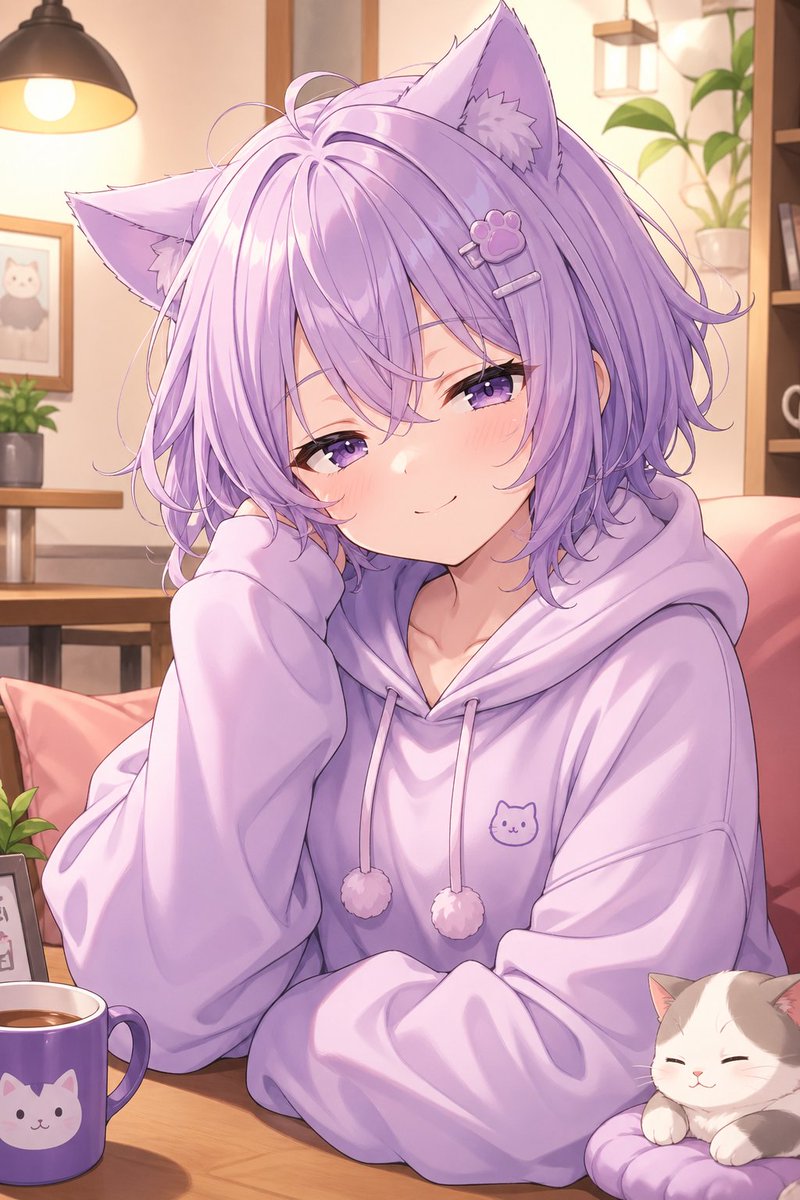 温馨淡紫色猫娘肖像 - 1
