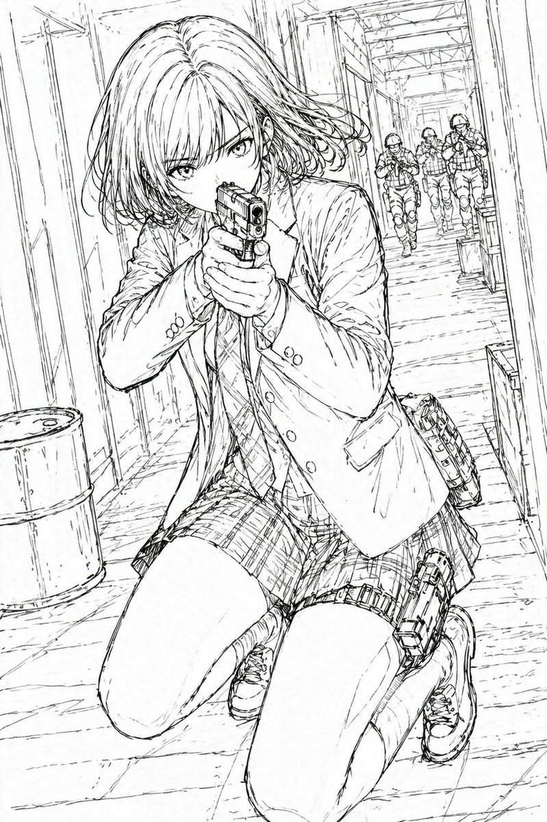工业走廊上的动漫女学生枪战 - 2