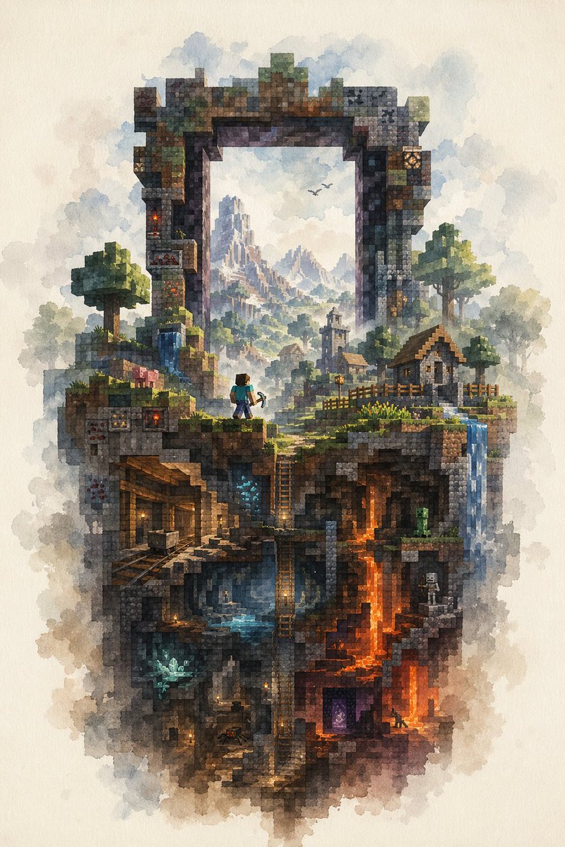 水彩风格 Minecraft 世界横截面 - 1