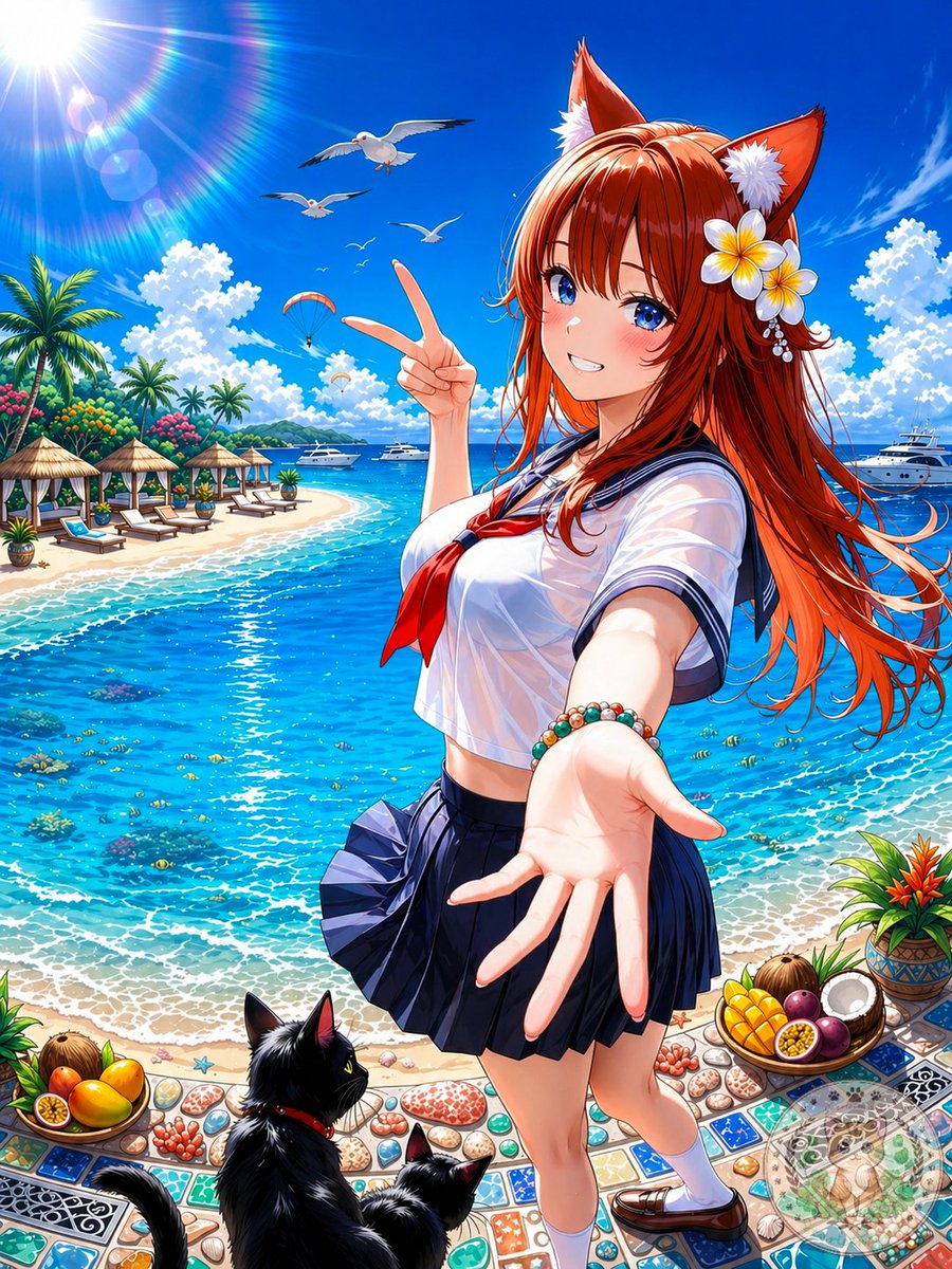 热带海滩上的动漫狐耳少女 - 1