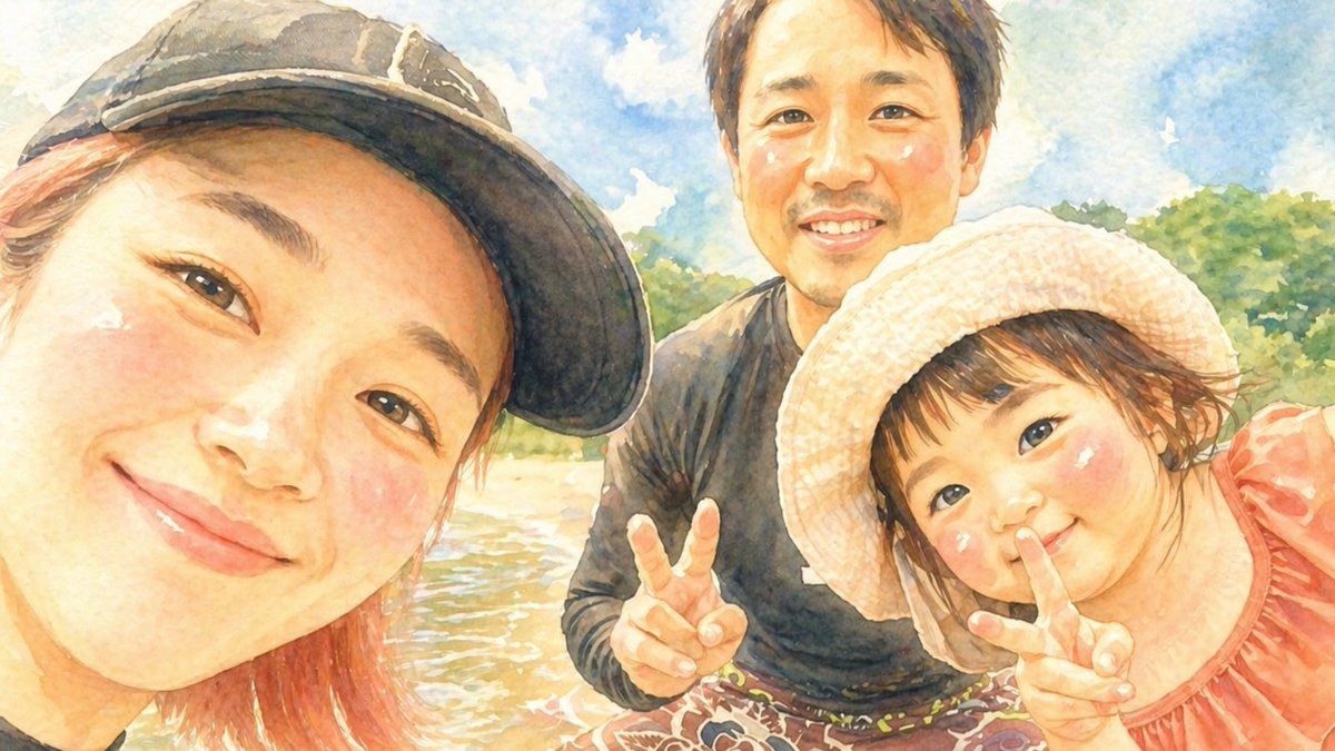 水彩风格家庭河畔自拍 - 1