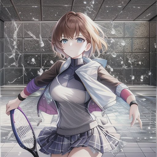 Anime Tennis Girl in Shattered Indoor Court - 1
