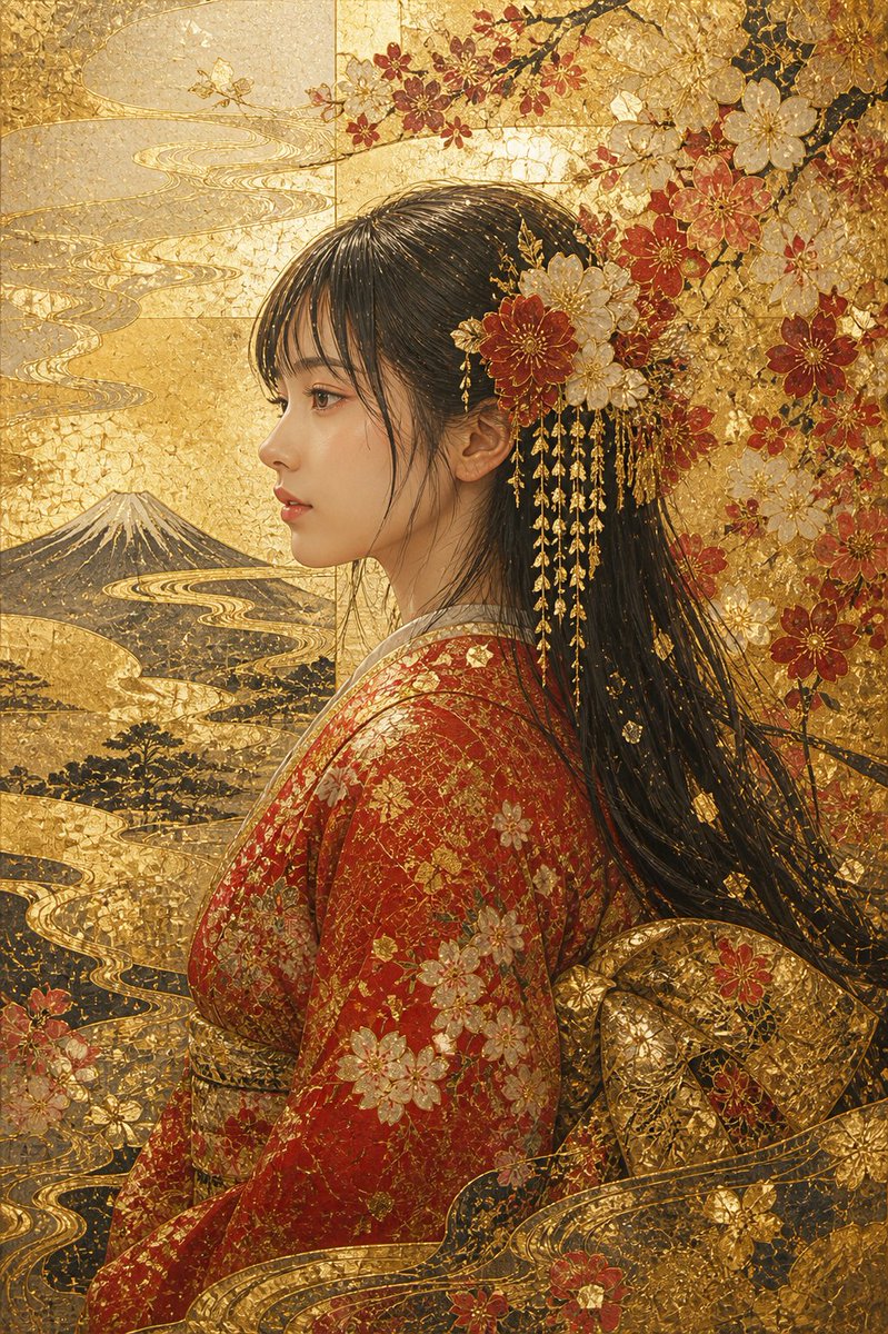 切金工艺金箔和服肖像 - 1